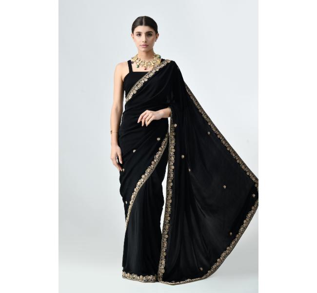 The Weavers Shop By Raavi Pure Crepe Black party Wear Saree